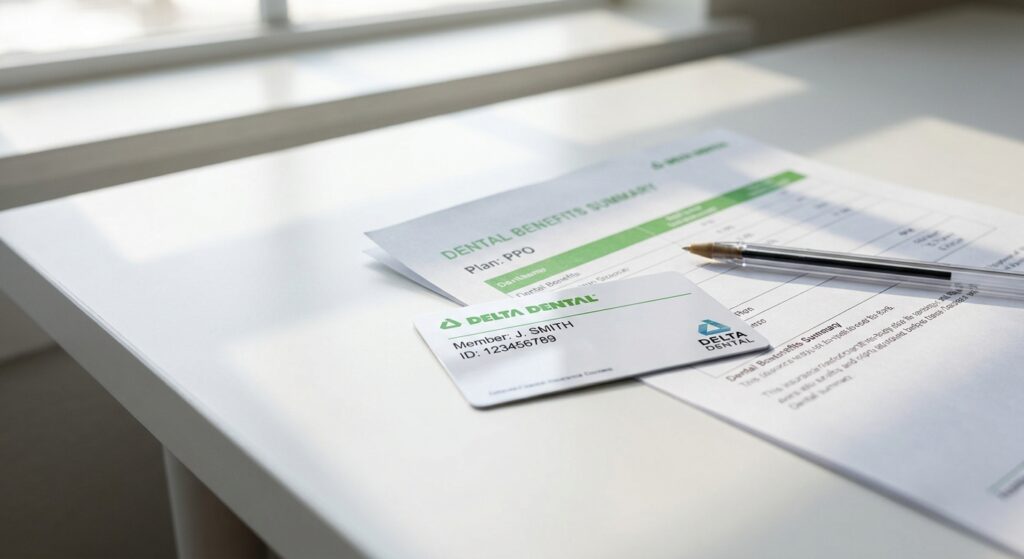 Dental insurance card and benefits summary documents on desk with pen, representing planning for dental implant coverage