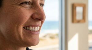 Close-up of a confident smile showing healthy teeth in natural light at a Surfside Beach dental office