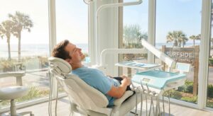Calm dental patient in a bright, modern Surfside Beach dental office with natural light and palm trees visible through windows