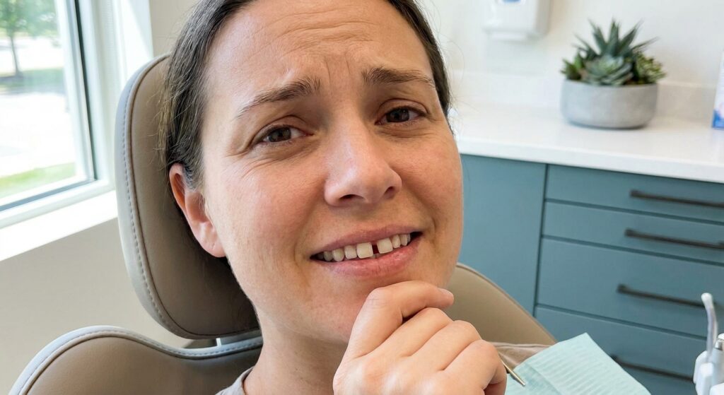 Patient with missing tooth considering dental restoration options at consultation